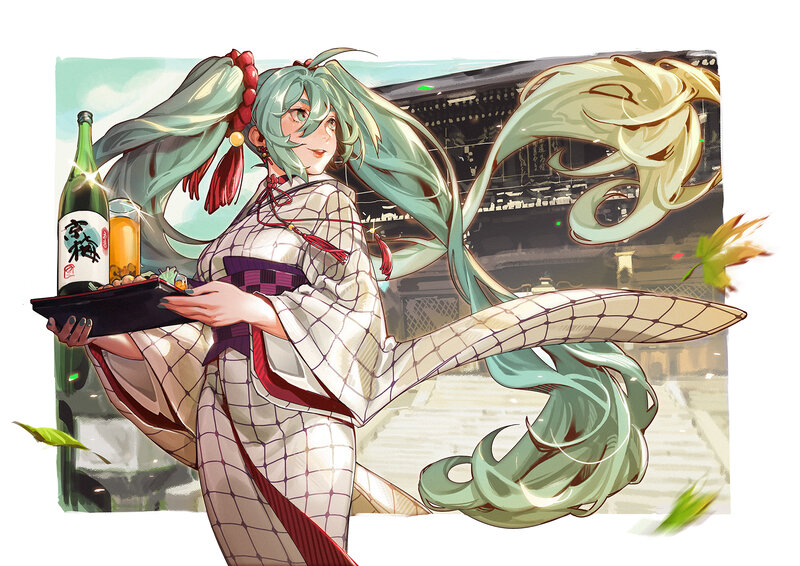 Anime Girl in Kimono — Green, Calm, Autumn