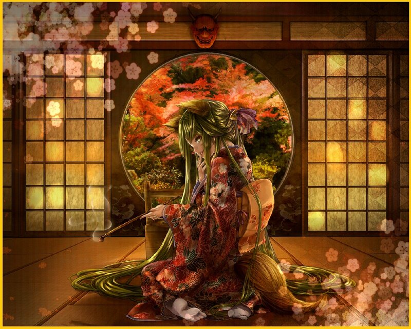 Anime Girl in Kimono — Green, Serene, Autumn