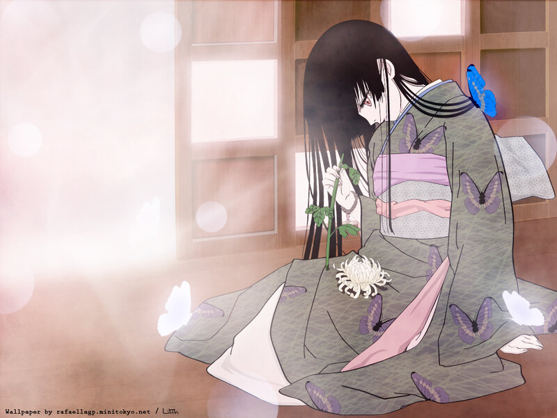 Anime Girl in Kimono — Green, Serene, Butterflies