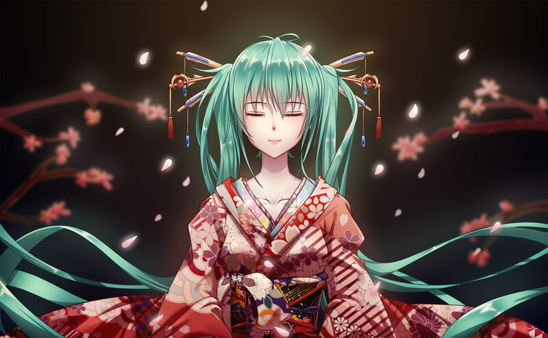 Anime Girl in Kimono — Green, Serene, Night, Digital Art