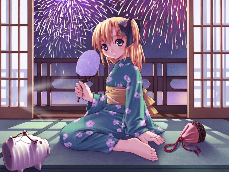 Anime Girl in Kimono — Green, Serene, Night