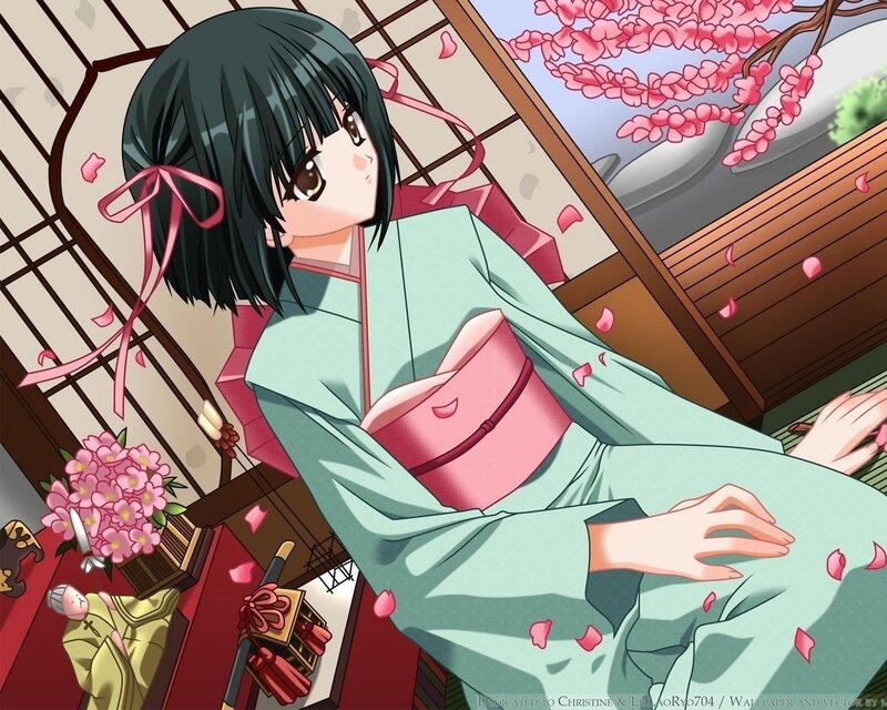 Anime Girl in Kimono — Green, Serene, Spring, Cherry Blossoms, Sakura
