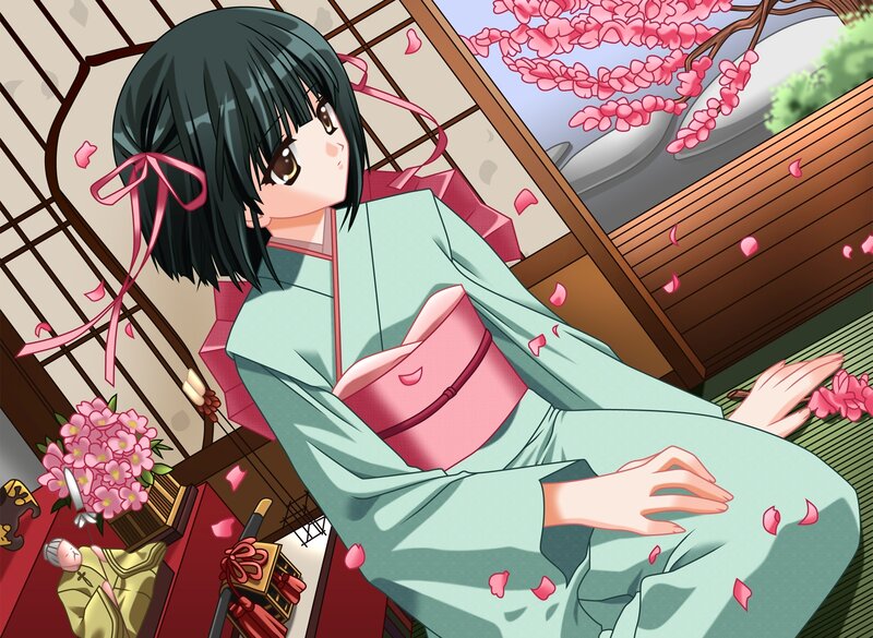 Anime Girl in Kimono — Green, Serene, Spring, Cherry Blossoms