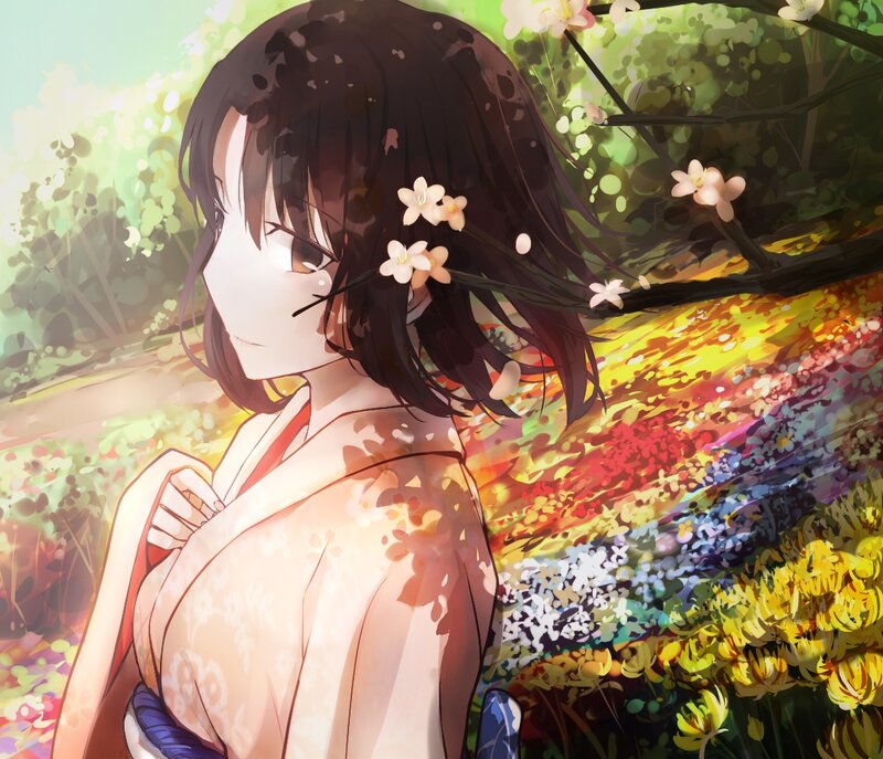 Anime Girl in Kimono — Green, Serene, Spring, Flowers