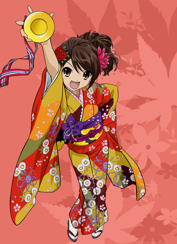 anime girl in kimono holding bell