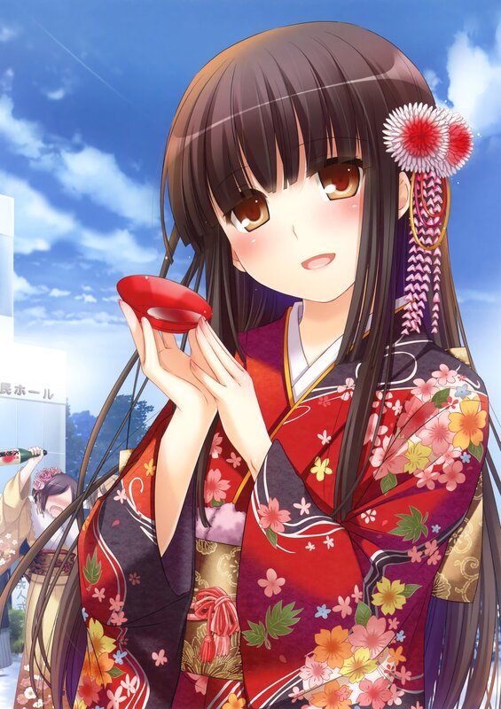 anime girl in kimono holding cup