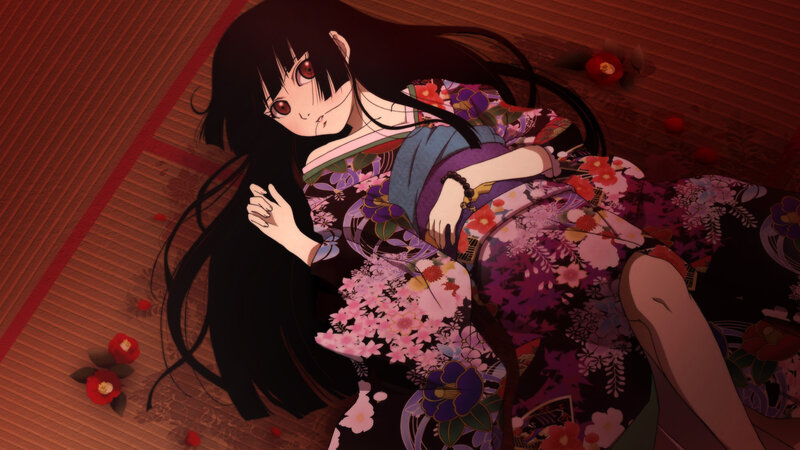 Anime girl in kimono lying on floor