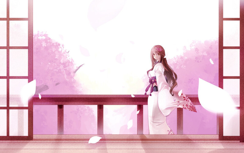 anime girl in kimono on balcony