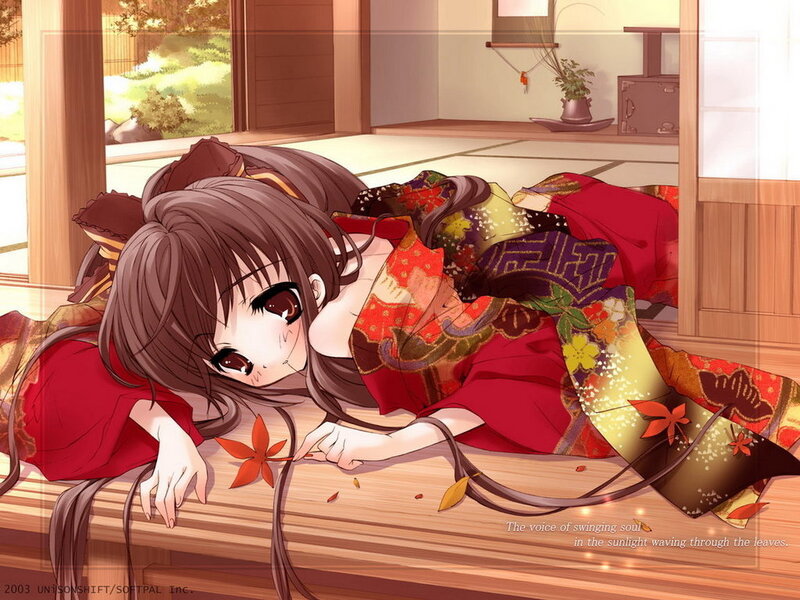 Anime girl in kimono on floor