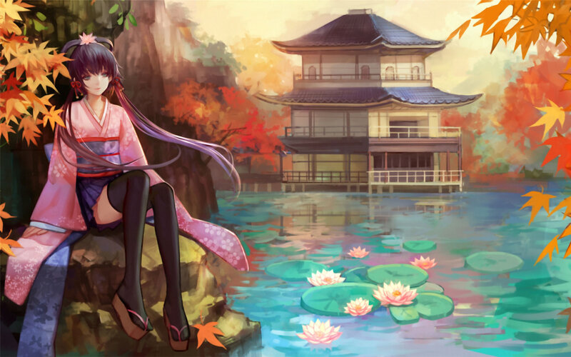 Anime Girl in Kimono — Orange, Serene, Autumn, Digital Art