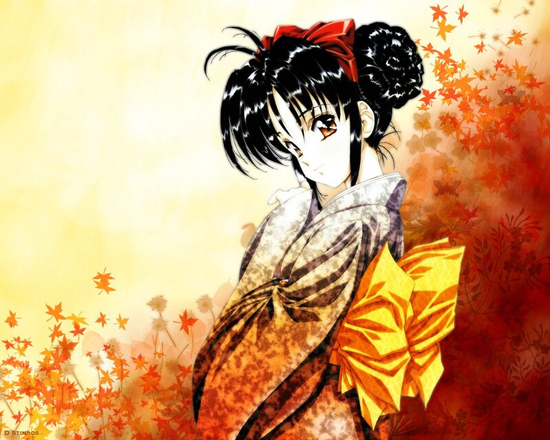 Anime Girl in Kimono — Orange, Serene, Autumn, Manga