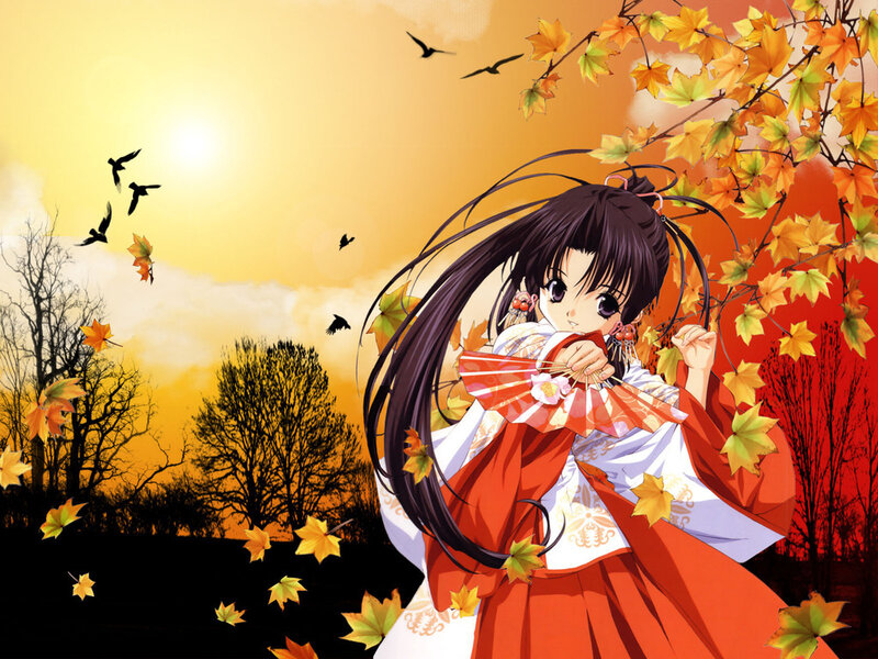 Anime Girl in Kimono — Orange, Serene, Autumn