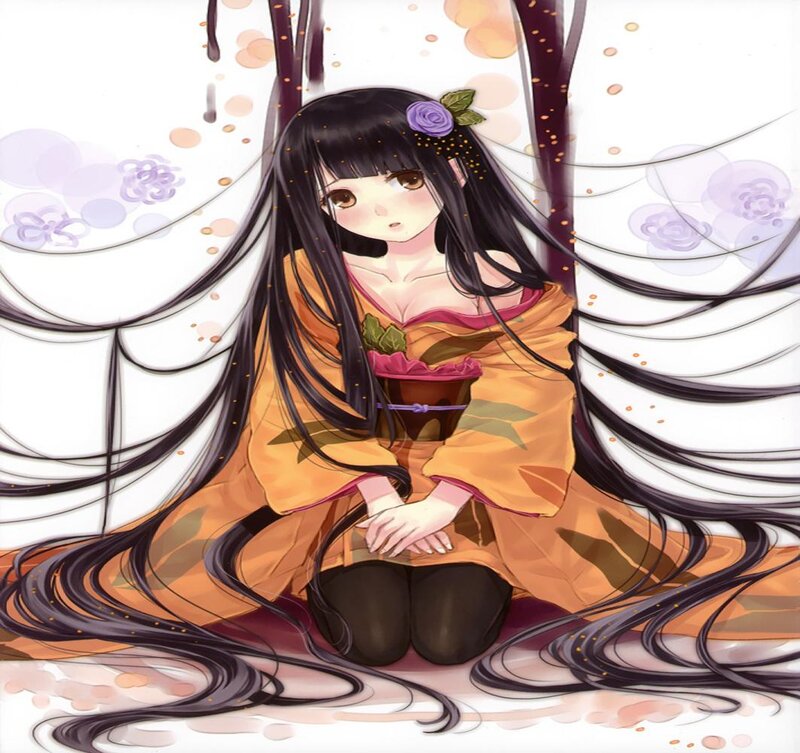 Anime Girl in Kimono — Orange, Serene, Digital Art