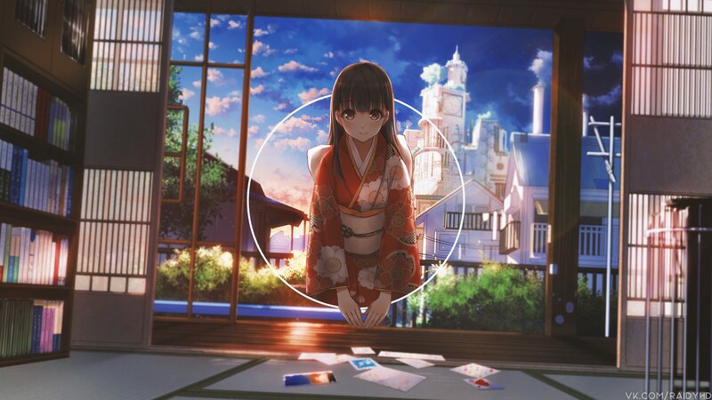 Anime Girl in Kimono — Orange, Serene, Sunset, Bookshelf