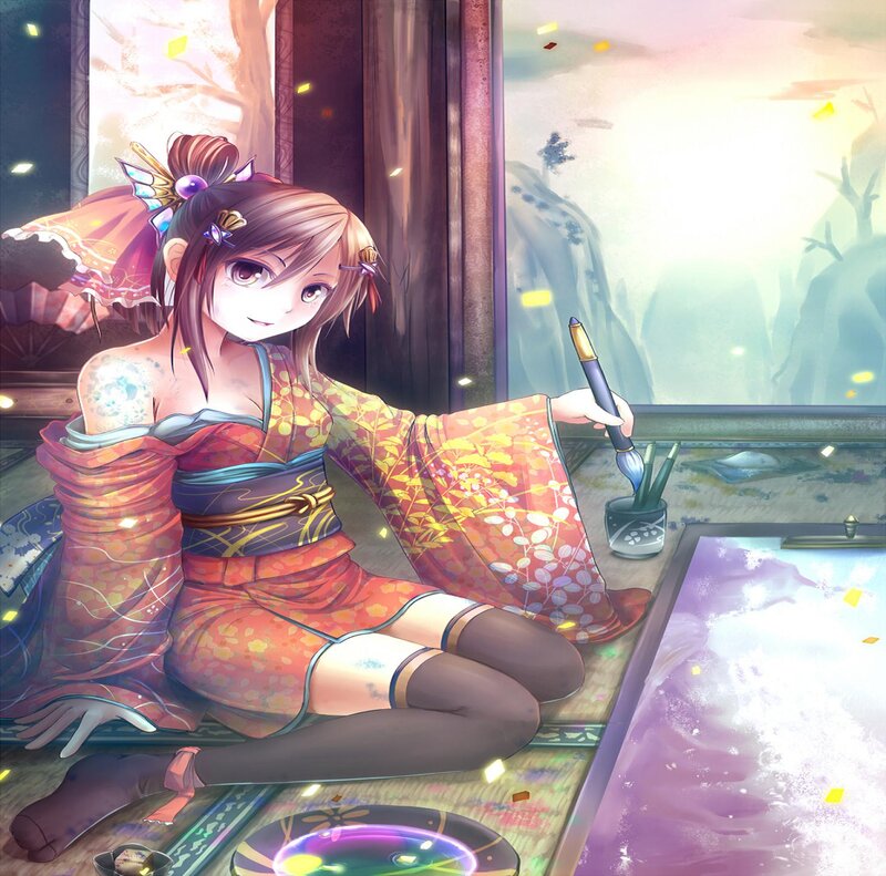 Anime Girl in Kimono — Orange, Serene, Sunset, Digital Art