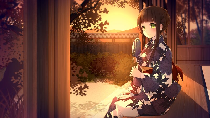 Anime Girl in Kimono — Orange, Serene, Sunset, Fan