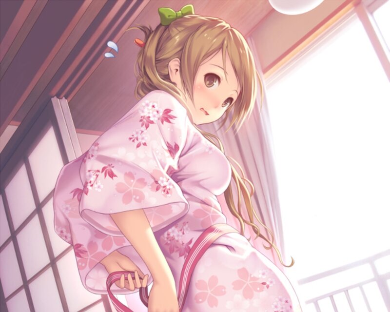 Anime Girl in Kimono — Pink, Calm, Morning, Hair Bow