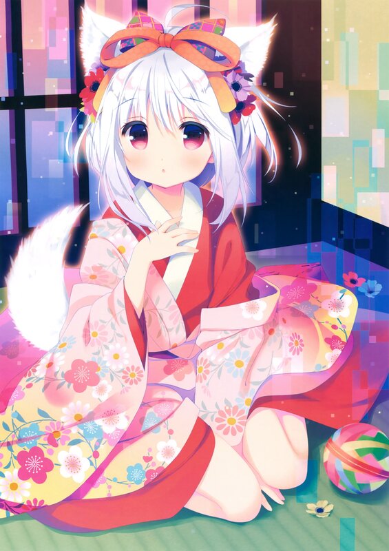 Anime Girl in Kimono — Pink, Calm, Night, Fox Ears