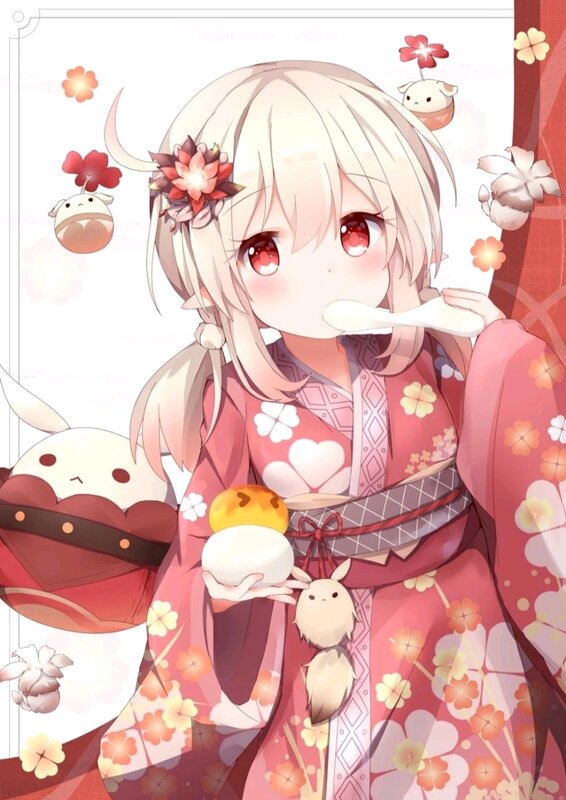 Anime Girl in Kimono — Pink, Cheerful, Spring, Mochi