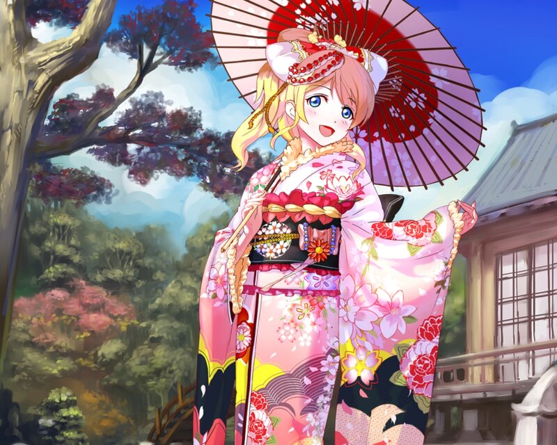 Anime Girl in Kimono — Pink, Cheerful, Spring, Umbrella