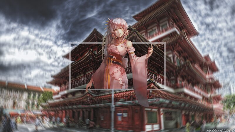Anime Girl in Kimono — Pink, Dramatic, Digital Art