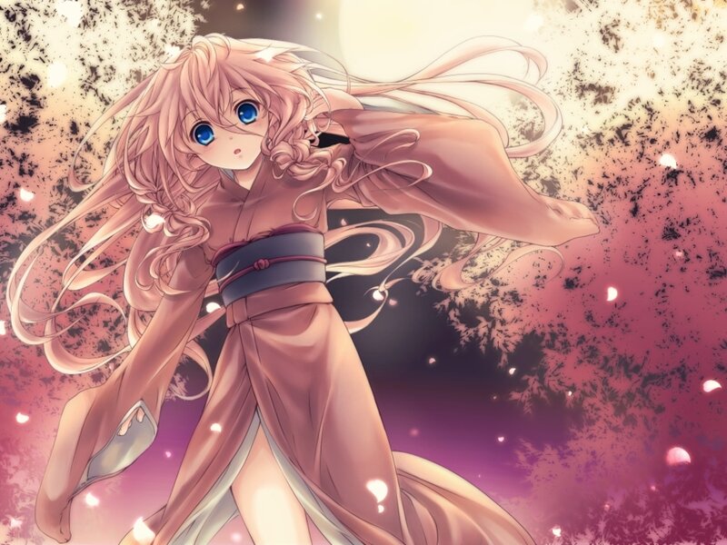 Anime Girl in Kimono — Pink, Dramatic, Night