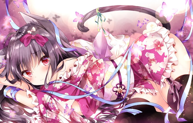 Anime Girl in Kimono — Pink, Dreamy, Spring, Digital Art