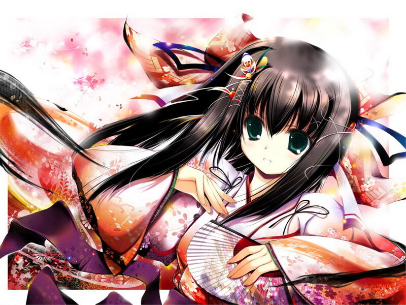 Anime Girl in Kimono — Pink, Dreamy, Spring, Fan