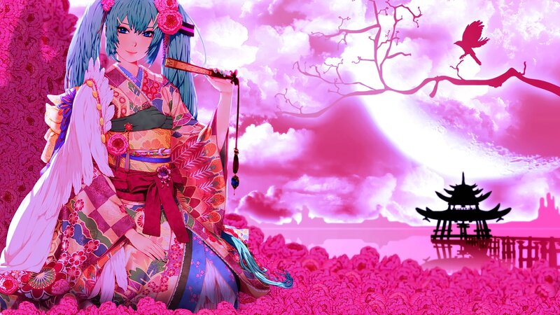 Anime Girl in Kimono — Pink, Dreamy, Sunset