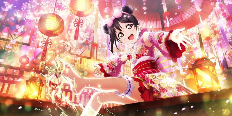 Anime Girl in Kimono — Pink, Festive, Spring, Lanterns, Cherry Blossoms