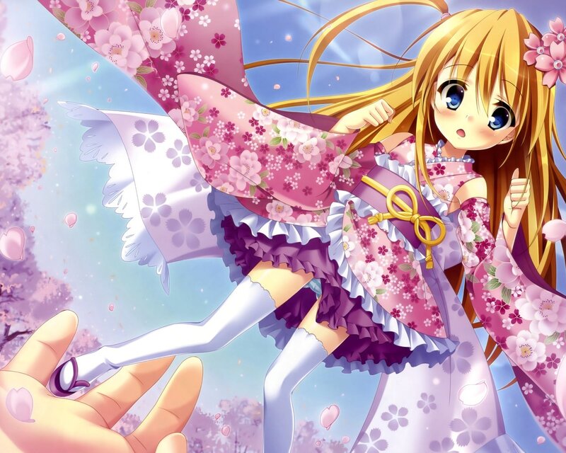 Anime Girl in Kimono — Pink, Playful, Spring, Cherry Blossoms