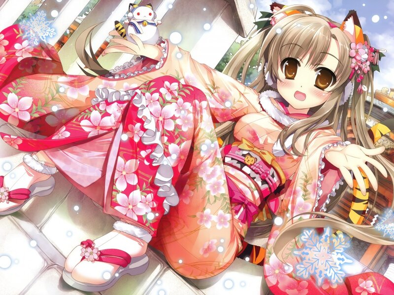 Anime Girl in Kimono — Pink, Playful, Winter, Cat