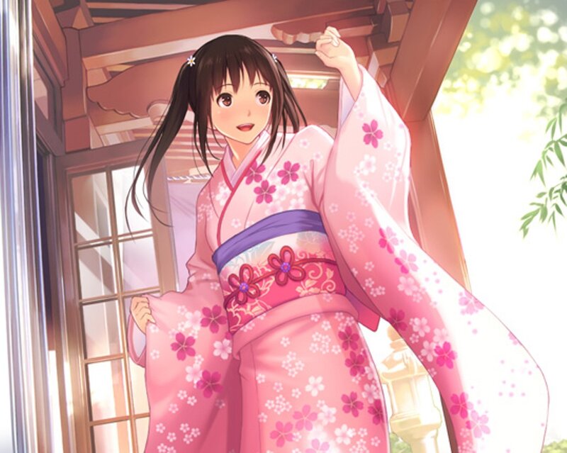 Anime Girl in Kimono — Pink, Serene, Afternoon, Building