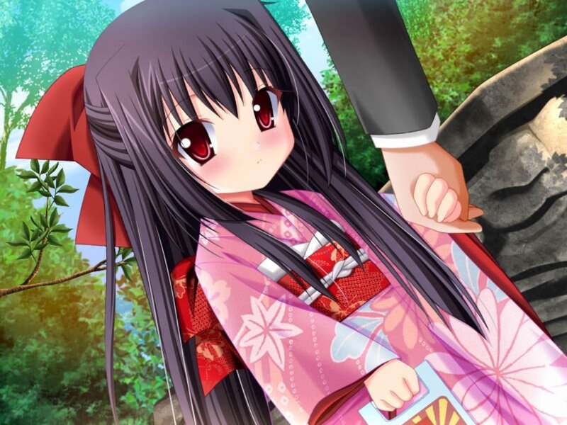 Anime Girl in Kimono — Pink, Serene, Afternoon, Red Bow