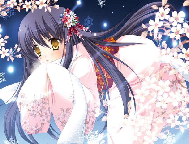 Anime Girl in Kimono — Pink, Serene, Night, Cherry Blossoms