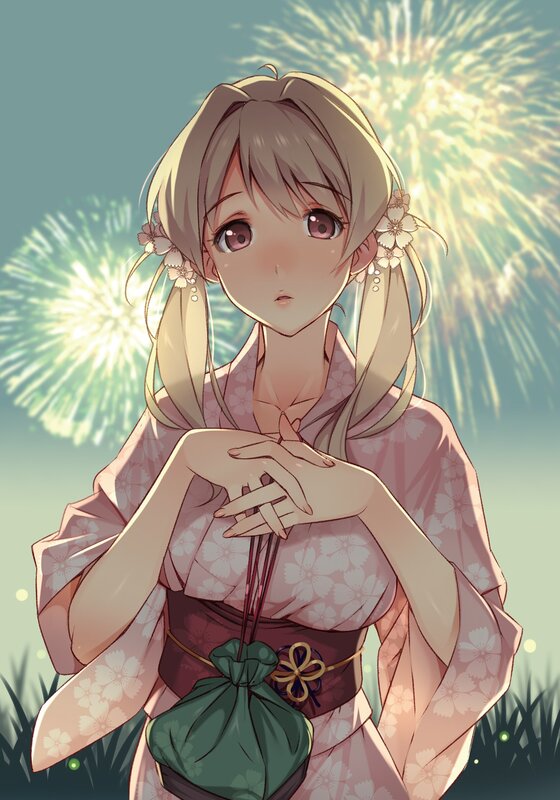 Anime Girl in Kimono — Pink, Serene, Night, Fireworks, Flowers