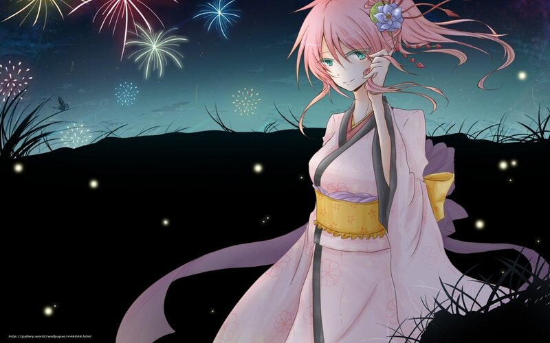 Anime Girl in Kimono — Pink, Serene, Night, Fireworks