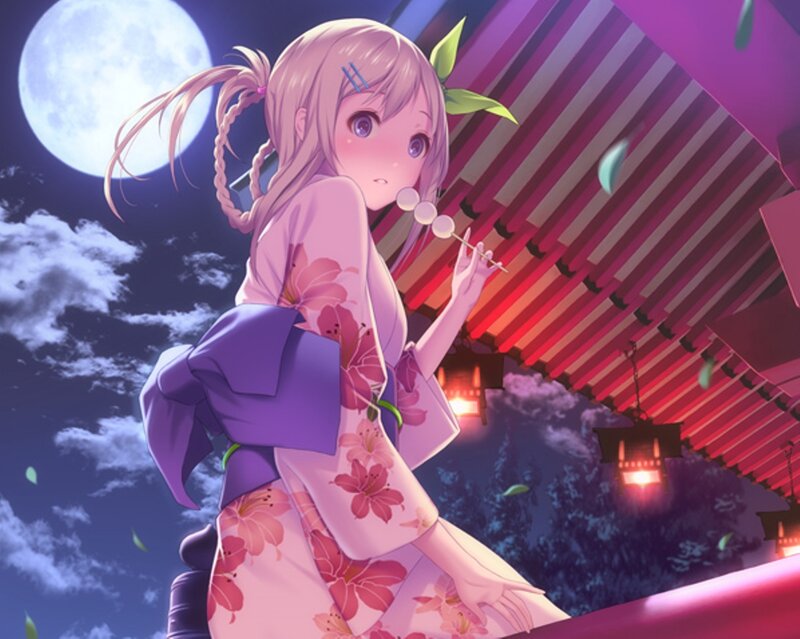 Anime Girl in Kimono — Pink, Serene, Night, Moon