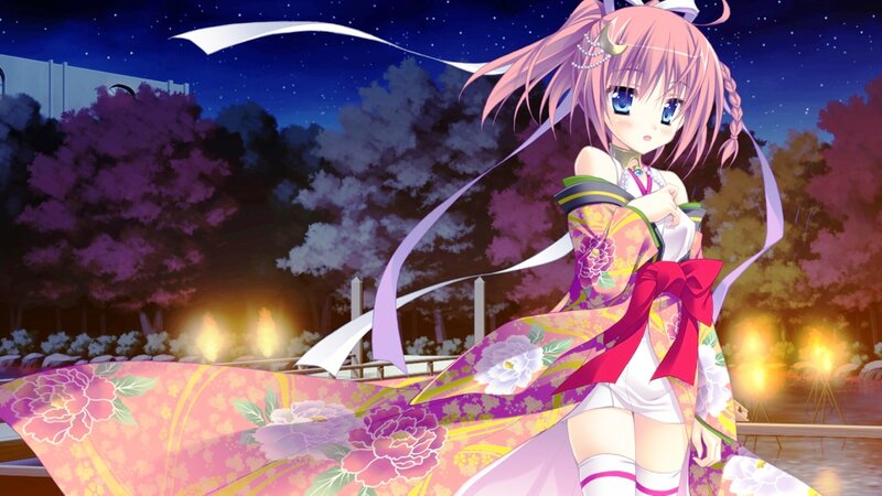 Anime Girl in Kimono — Pink, Serene, Night, Night Sky