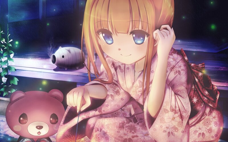 Anime Girl in Kimono — Pink, Serene, Night, Teddy Bear