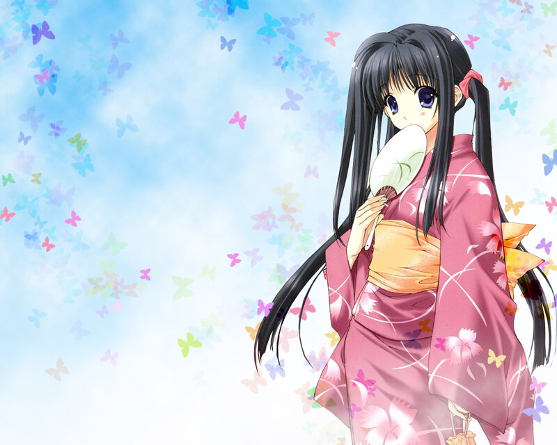 Anime Girl in Kimono — Pink, Serene, Spring, Butterflies