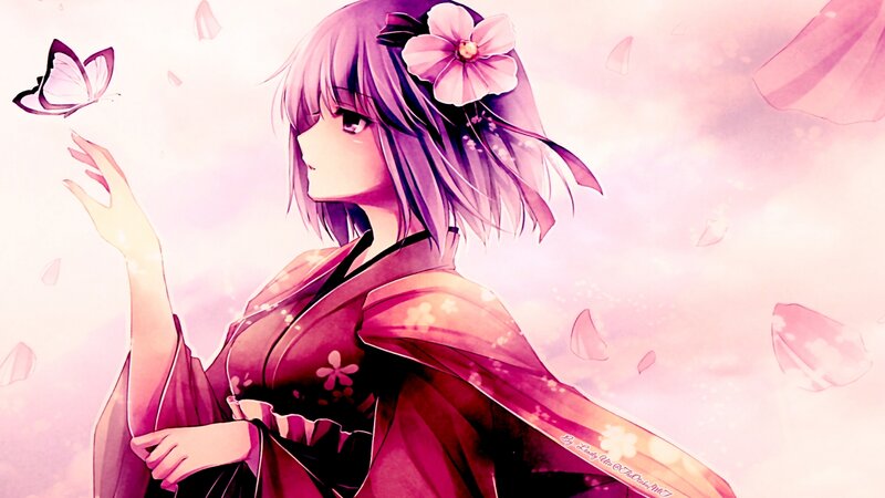Anime Girl in Kimono — Pink, Serene, Spring, Butterfly