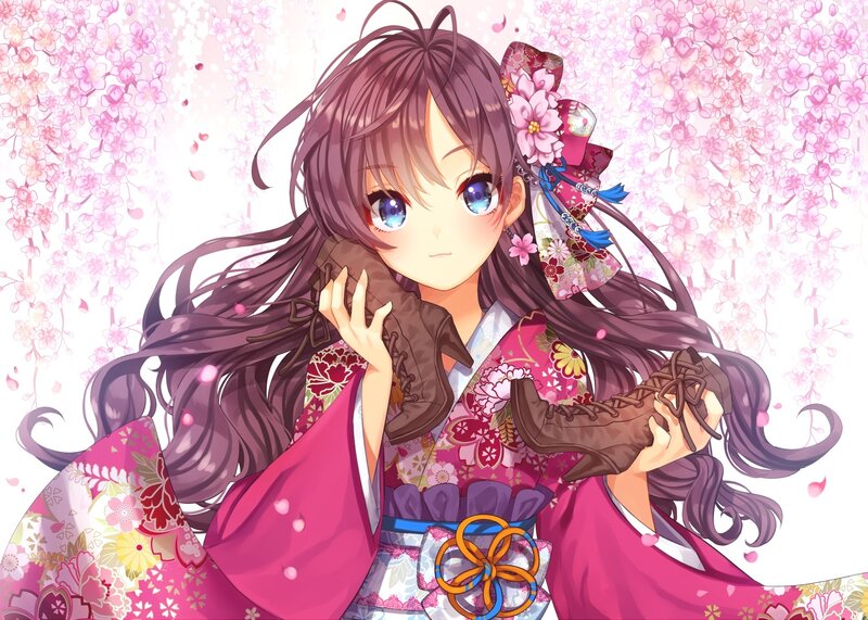 Anime Girl in Kimono — Pink, Serene, Spring, Cherry Blossoms, Boots