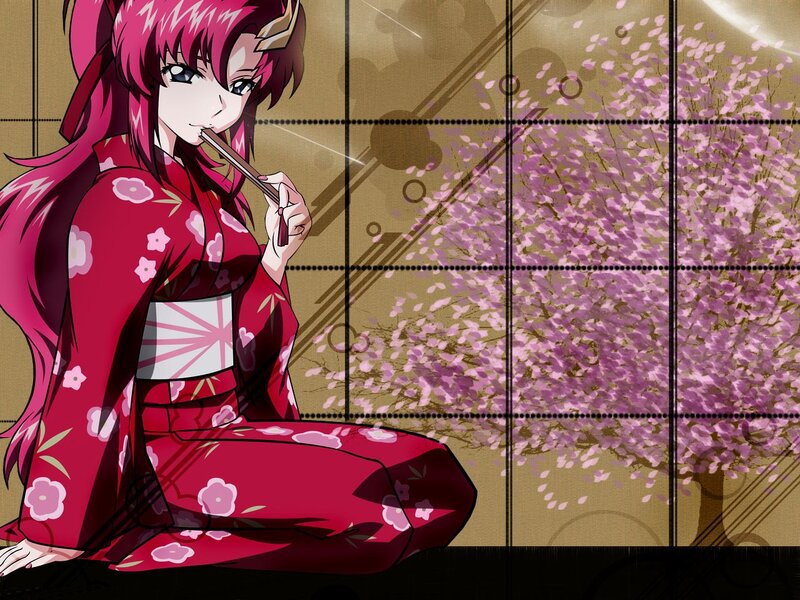 Anime Girl in Kimono — Pink, Serene, Spring, Cherry Blossoms, Chopsticks