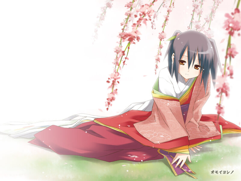 Anime Girl in Kimono — Pink, Serene, Spring, Cherry Blossoms, Grass
