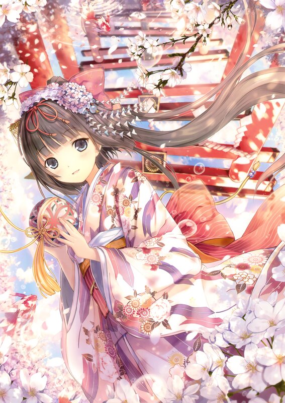 Anime Girl in Kimono — Pink, Serene, Spring, Cherry Blossoms, Koi Fish