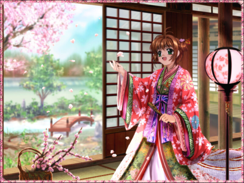 Anime Girl in Kimono — Pink, Serene, Spring, Cherry Blossoms, Lantern