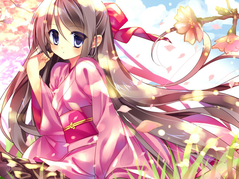 Anime Girl in Kimono — Pink, Serene, Spring, Cherry Blossoms, Long Hair