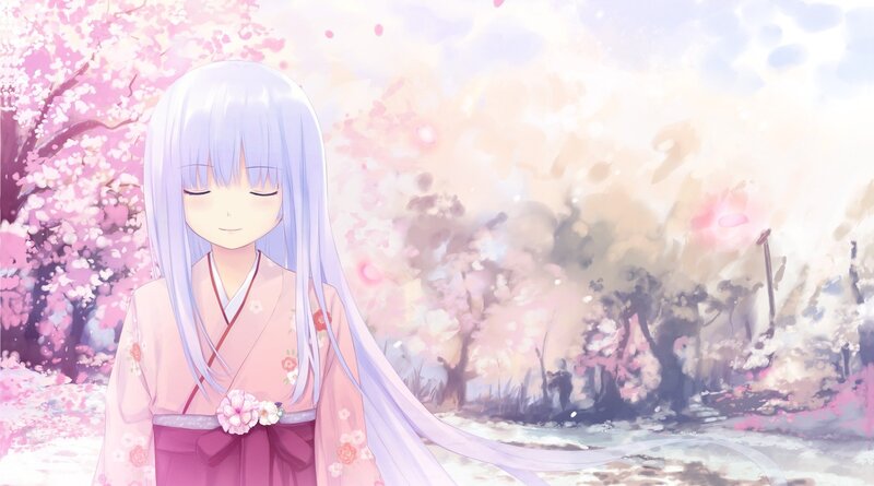 Anime Girl in Kimono — Pink, Serene, Spring, Cherry Blossoms, River