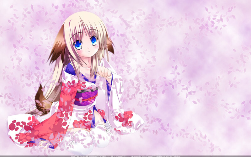 Anime Girl in Kimono — Pink, Serene, Spring, Cherry Blossoms, Tail